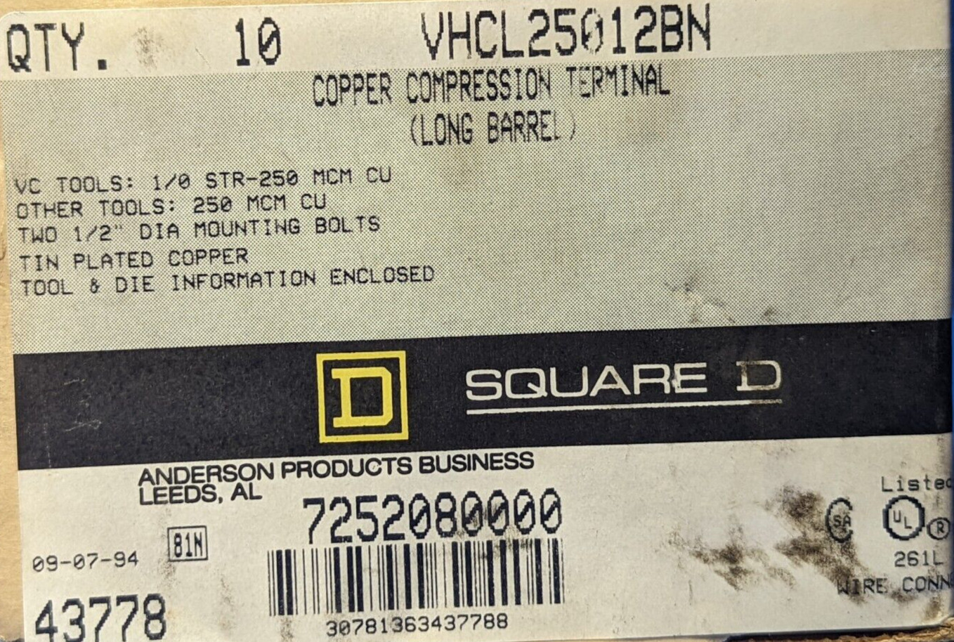 SQUARE-D/ANDERSON COPPER COMPRESSION TERMINAL VHCL25012BN BOX OF 1O