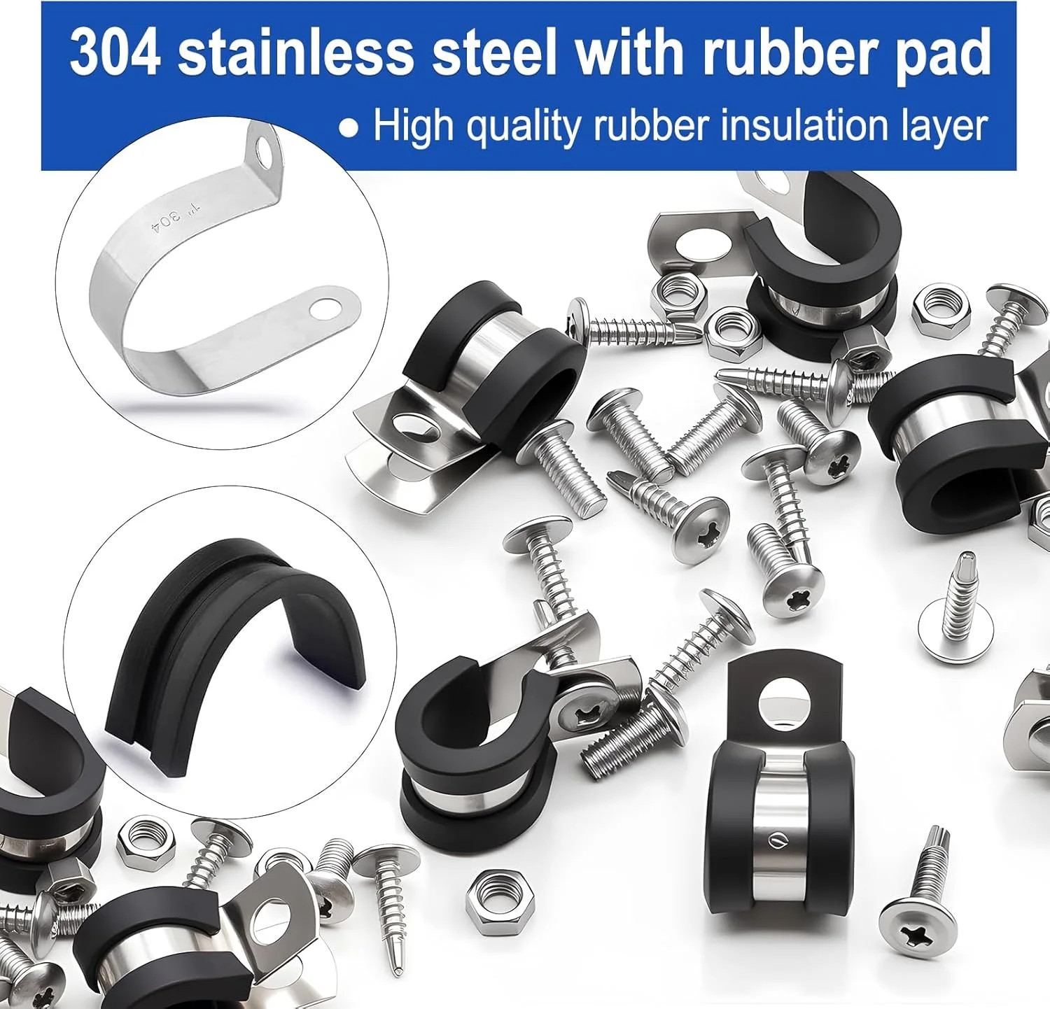 Taiss 222PCS Cable Clamps Assortment Kit 304 Stainless Steel Rubber Cushion Pipe