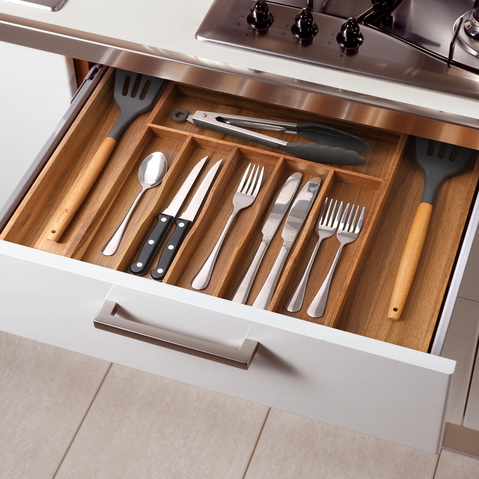 Large Premium Acacia Silverware Organizer – Expandable Drawer Organizer & Ute…
