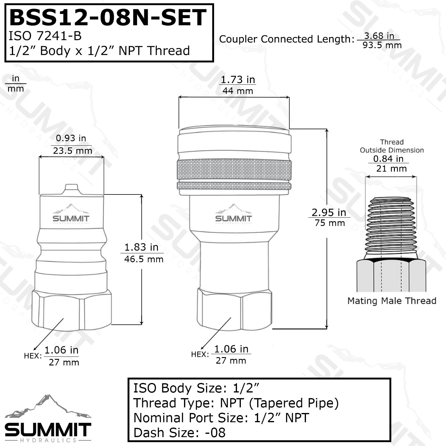 1/2″ NPT ISO 7241-B Stainless Steel Quick Disconnect Hydraulic Male Coupler