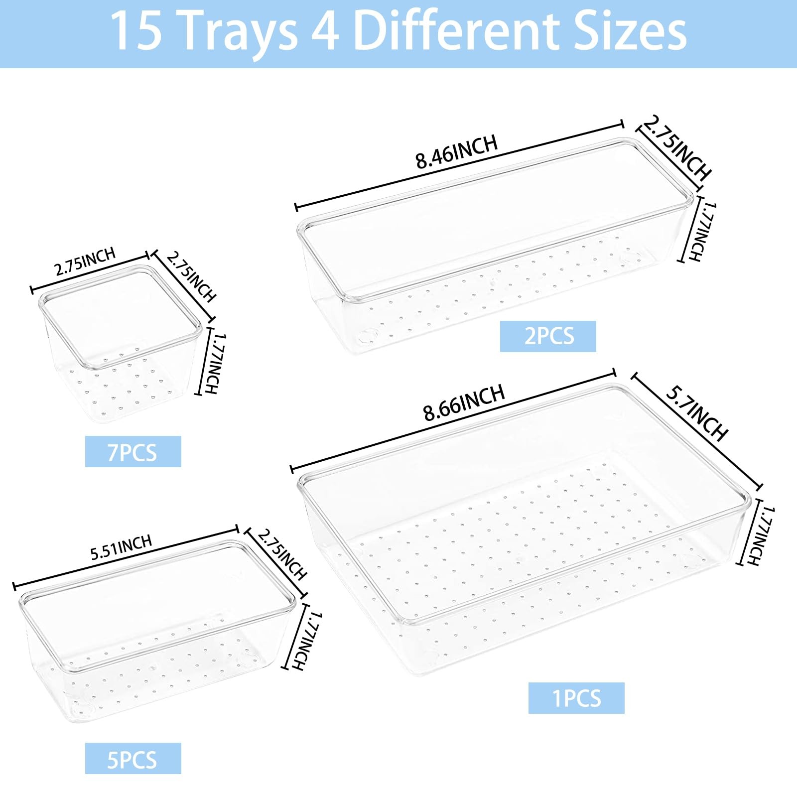 15 Piece Clear Drawer Organizer Set 4 Size Plastic Storage Bins for Desk Kitchen