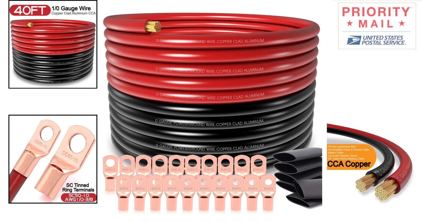 High Performance 40FT 0 GA Battery Cable with Terminal Connectors for Automotive