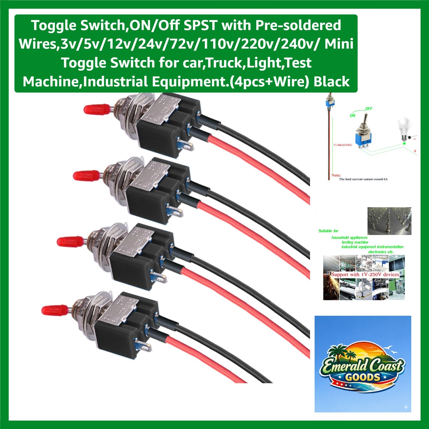 Toggle Switch,ON/Off SPST with Pre-soldered Wires,3v/5v/12v/24v/72v/110v/220v…