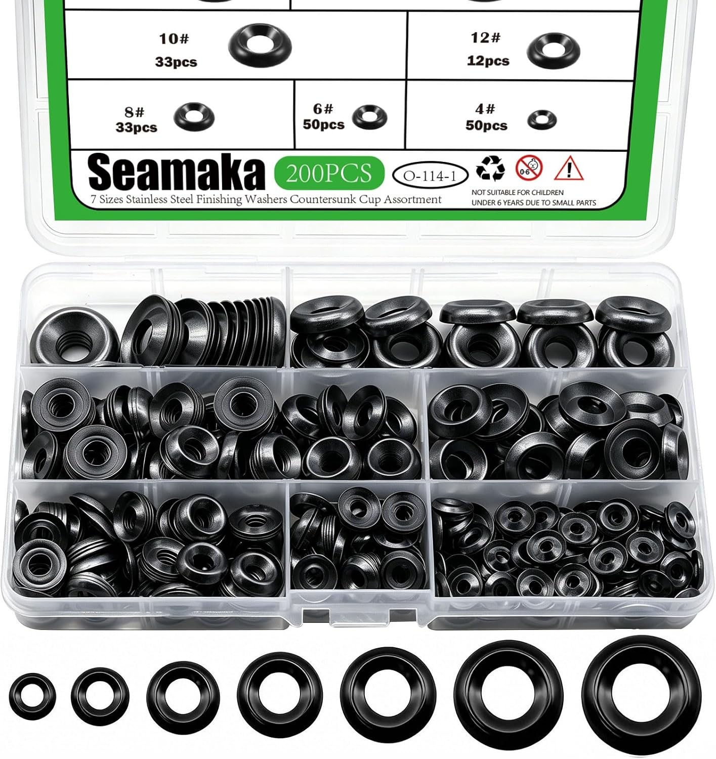 200 Pcs Black Finish Washers 7 Sizes 304 Stainless Steel Finishing Washers