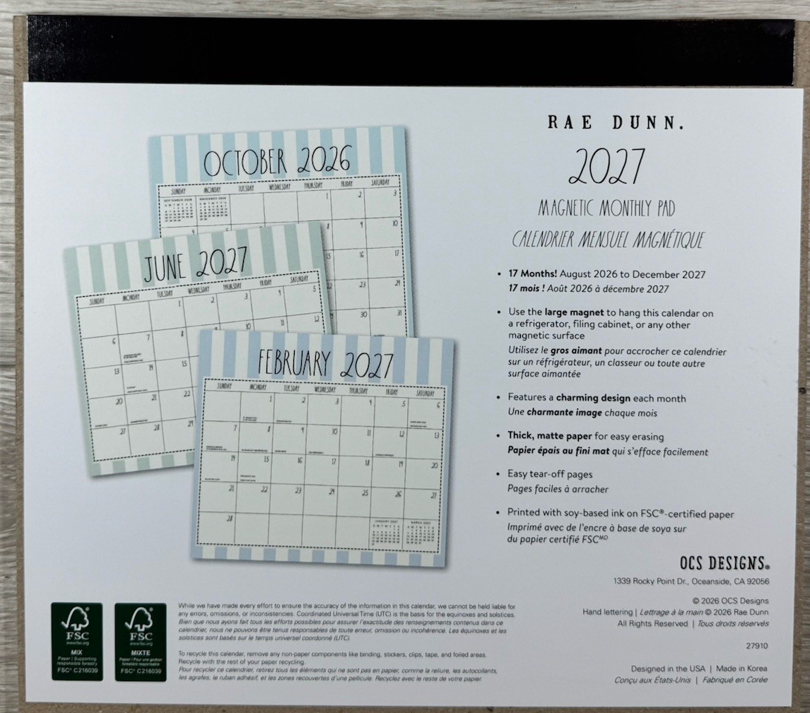 RAE DUNN 2026 2027 Magnetic 17 Monthly Pad Calendar Planner Blue Stripe 9.5×8.5″