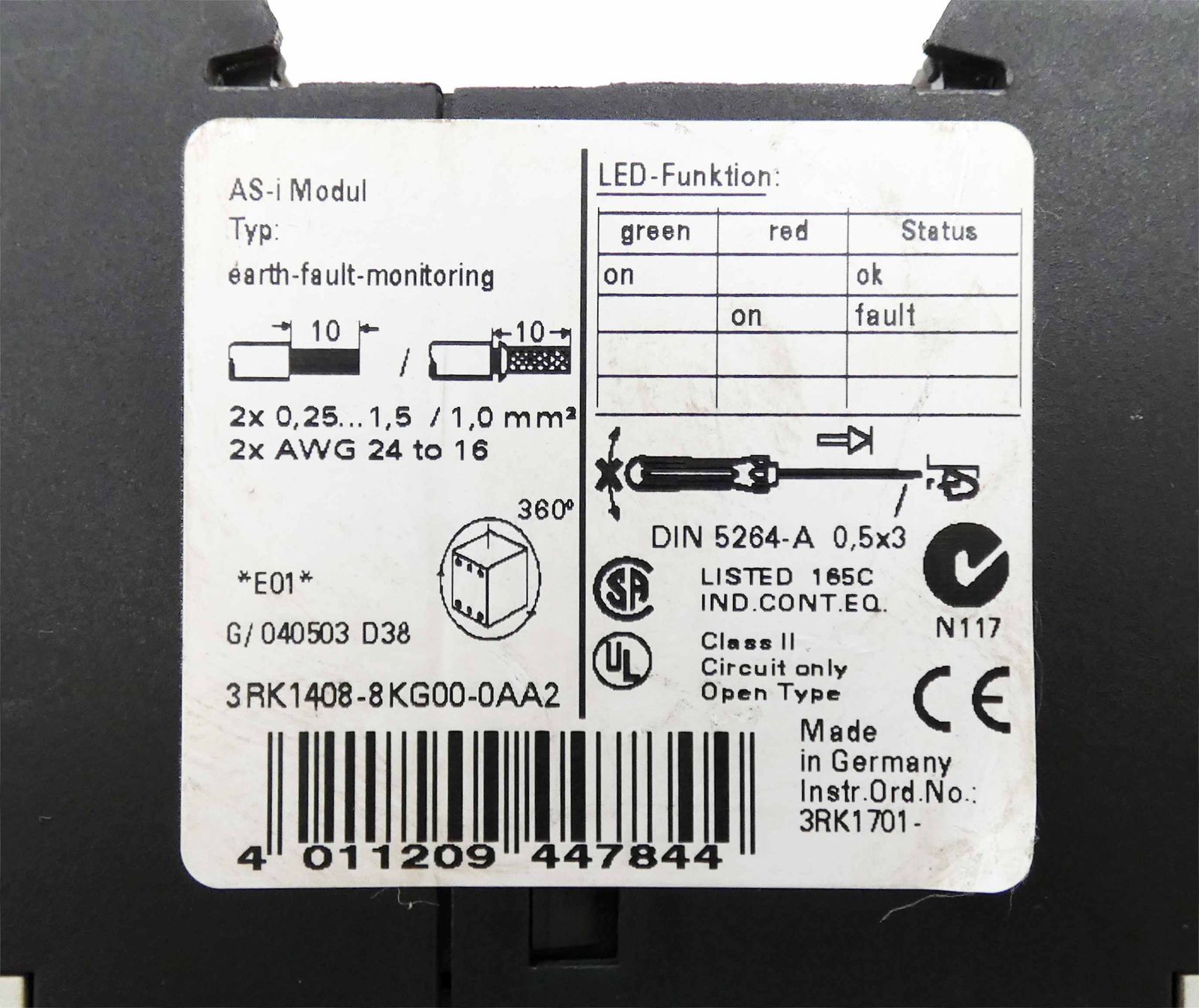 Siemens 3RK1408-8KG00-0AA2 3RK1 408-8KG00-0AA2 E:01 AS-i Ground Fault Module -used-
