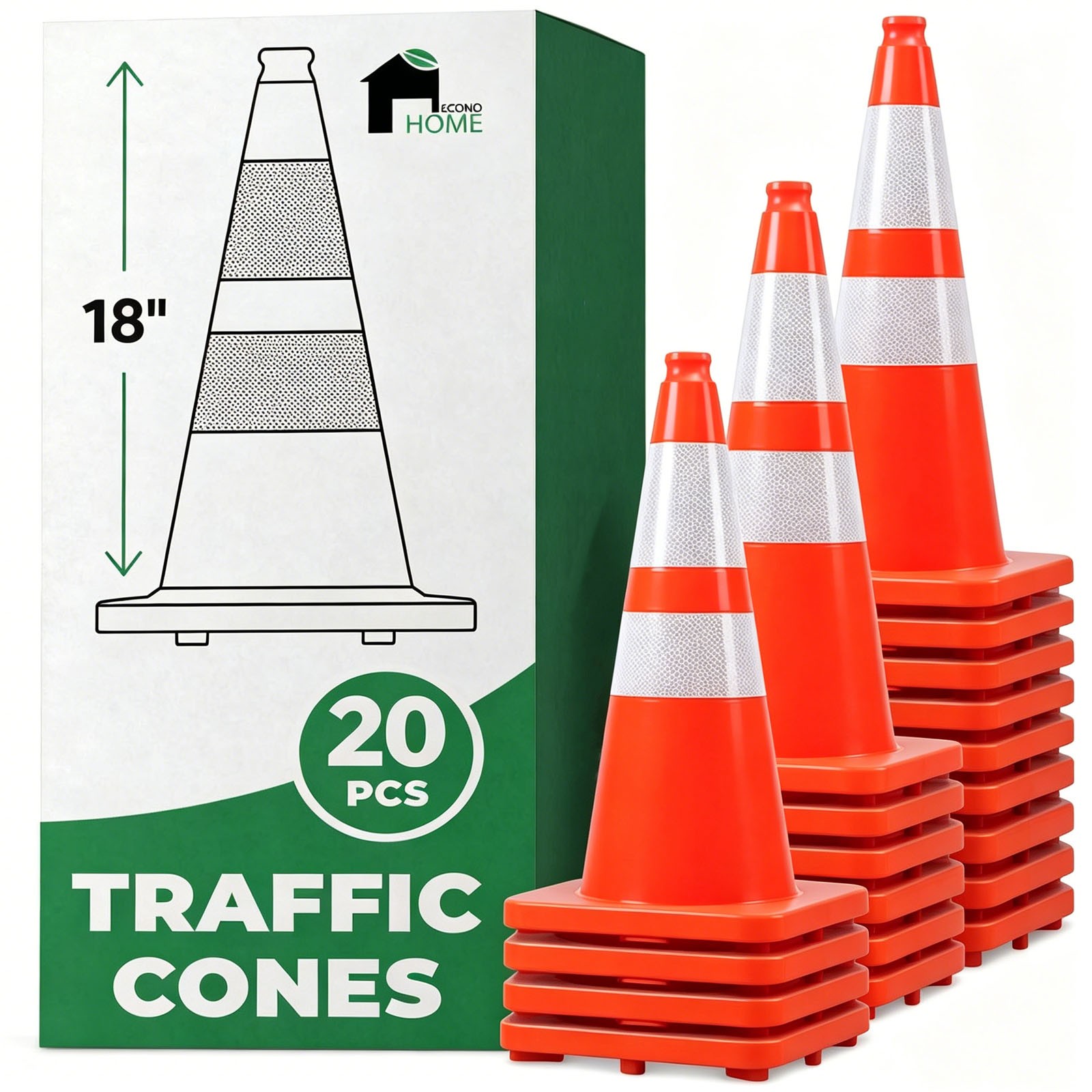 20 PACK 18″ Heavy Duty Traffic Safety Cones,2.97lbs Weight,W Reflective Collar