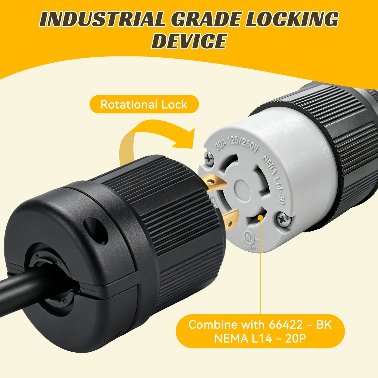 L14-20P Locking Plug 20A 125/250V Heavy Duty Nylon Generator Connector