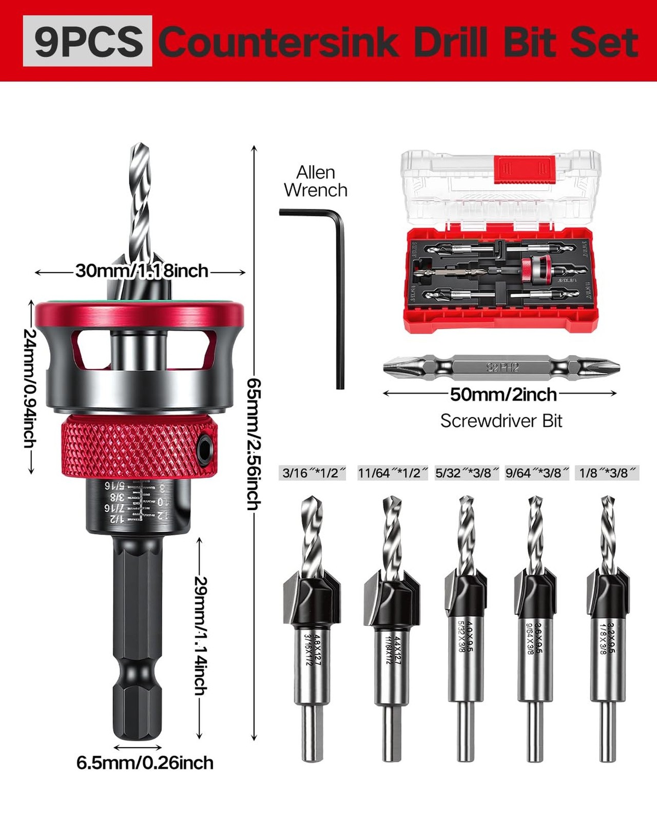 9 PCS Countersink Drill Bits Set, 5PCS Two-Flute TCT Alloy Tapered Drill Bits…