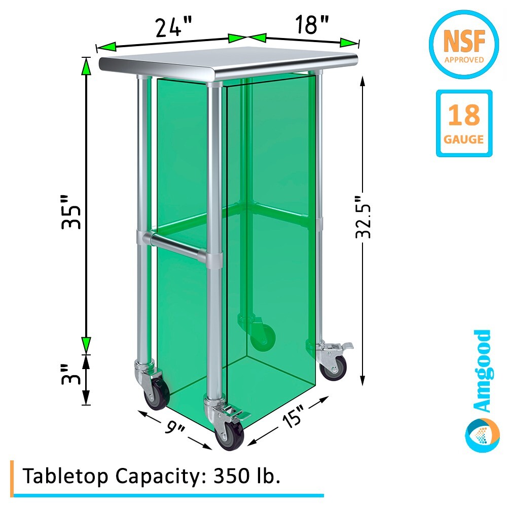 18 in. x 24 in. Stainless Steel Work Table Open Base & Wheels | Utility Station