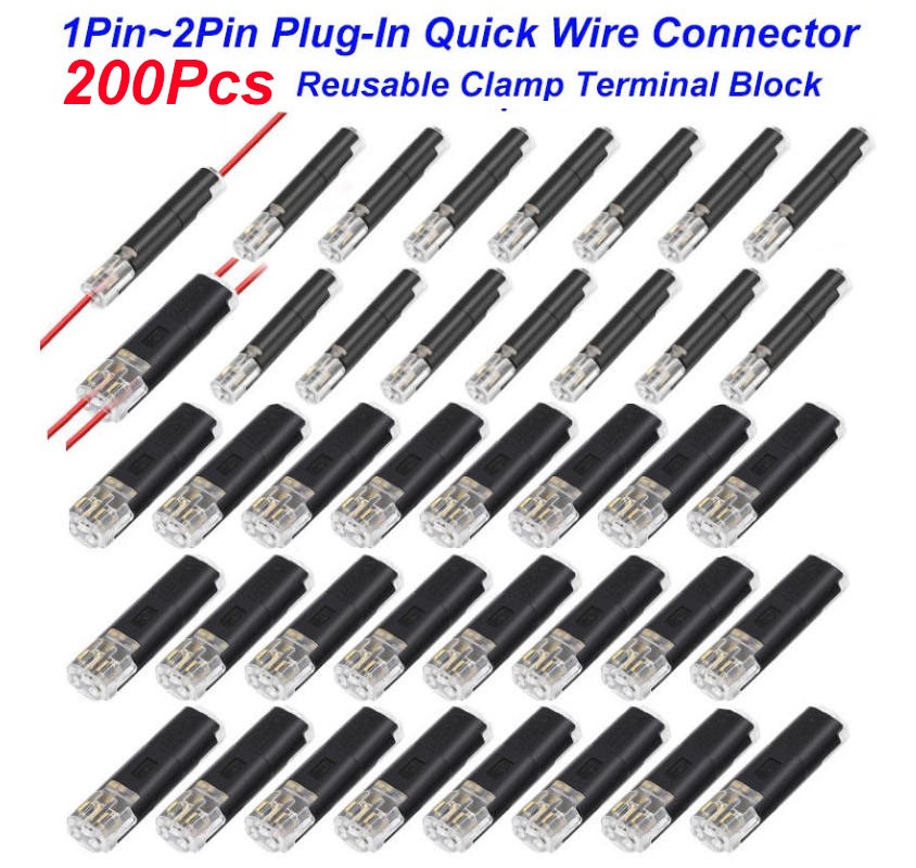 200Pcs Plug-In Quick Wire Connector Kit 1Pin 2Pin Reusable Clamp Terminal Block