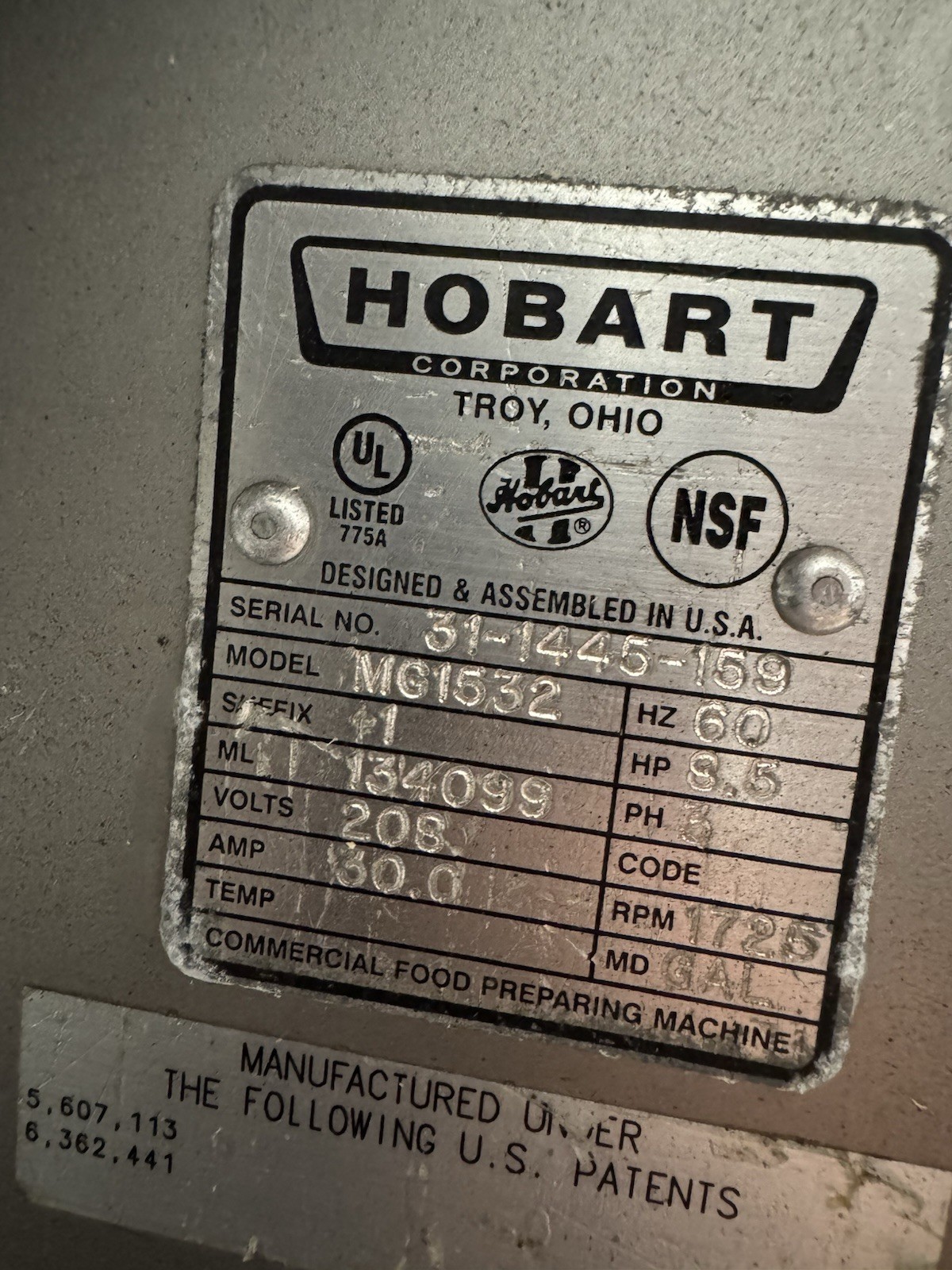 Hobart MG1532 Mixer Grinder/150lb capacity/Foot Pedal W/AUGER & NUT
