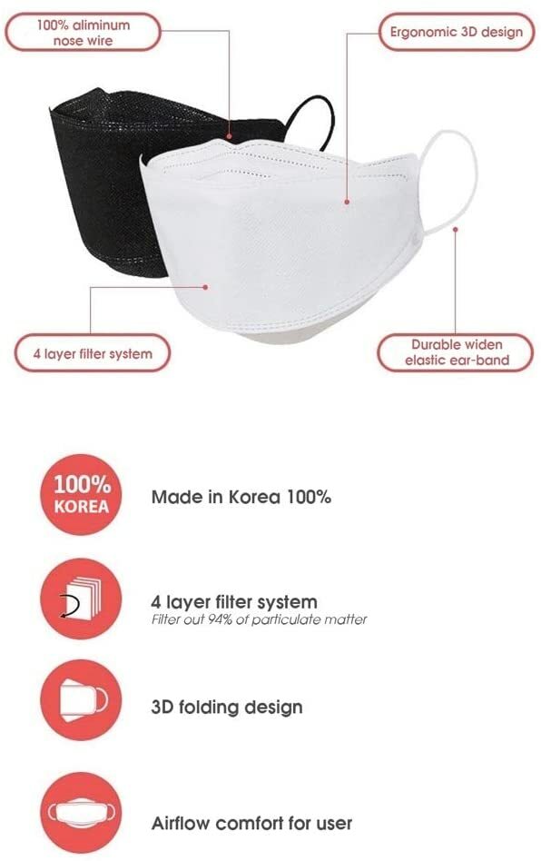 10~100 PCS KF94 BLACK Face Protective Mask Made in Korea KFDA Approved Adult
