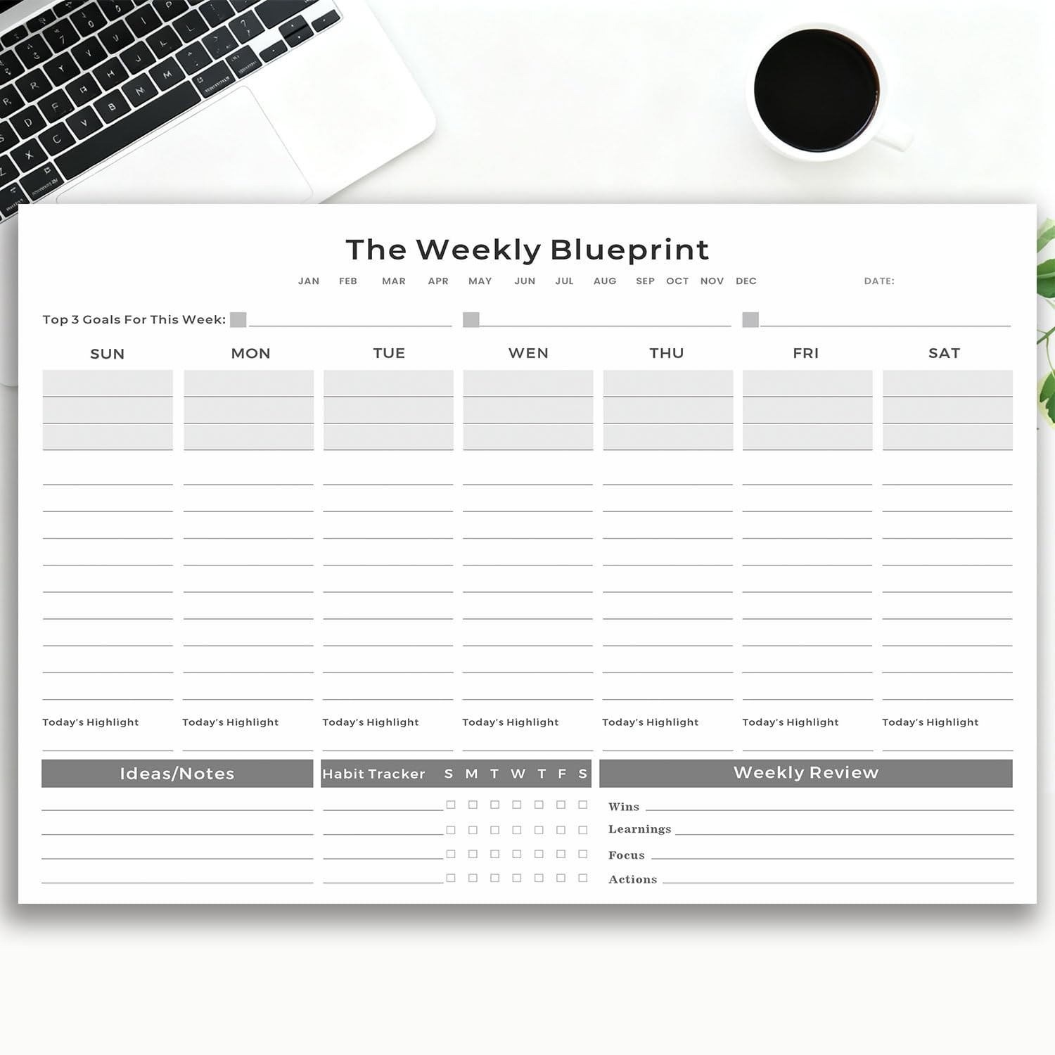 Undated Weekly Organizer & To Do List Notepad – Minimalist A4 52-Sheet Desk P…