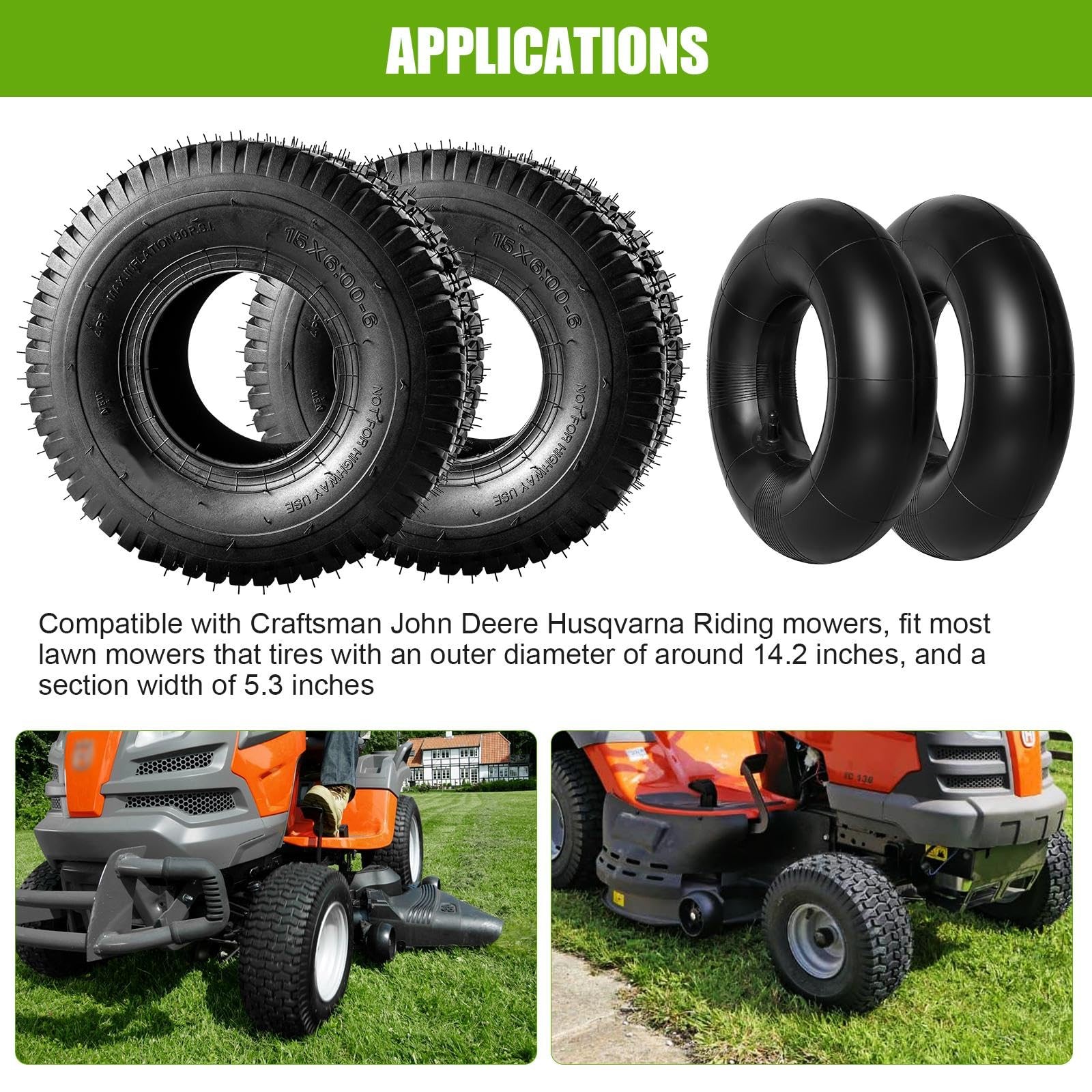 15×6.00-6 Lawn Mower Tire and Inner Tube Set 2 Pack TR-13 Straight