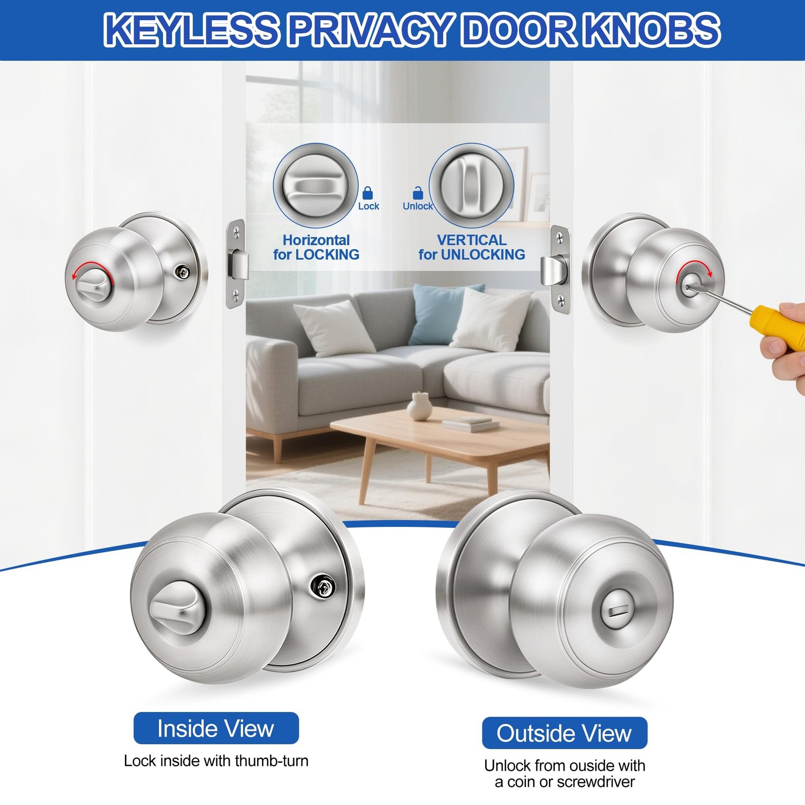 Plustool 5 Pack Brushed Nickel Door Knobs,Privacy Door Knob with Lock, Interi…