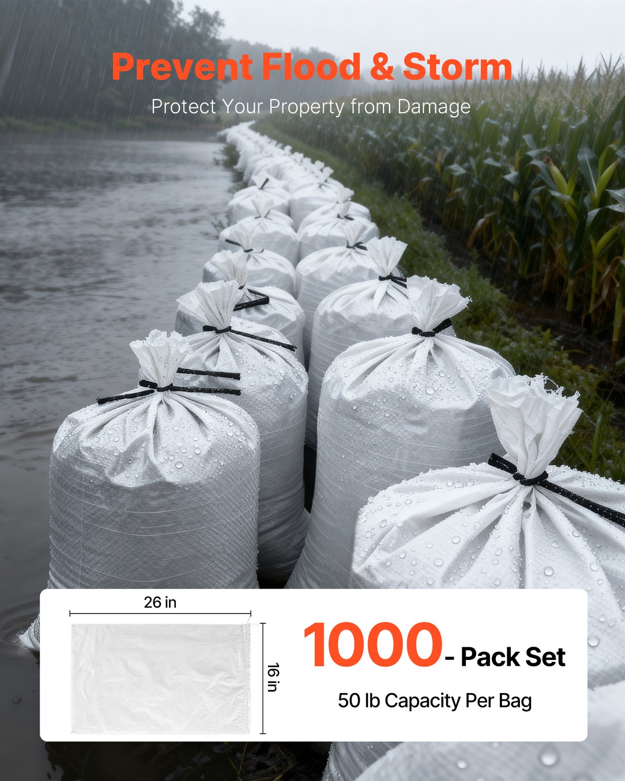 VEVOR Sandbags 50-1000 Pack 16 x 26 in Empty Heavy Duty Sand Bags 50lb Capacity