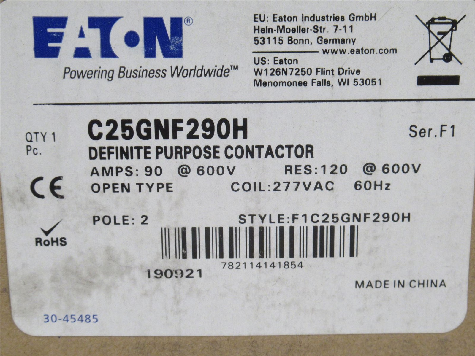 239857 New In Box; Eaton C25GNF290H Contactor; 90A; 2P; 600VAC; Coil: 277VAC