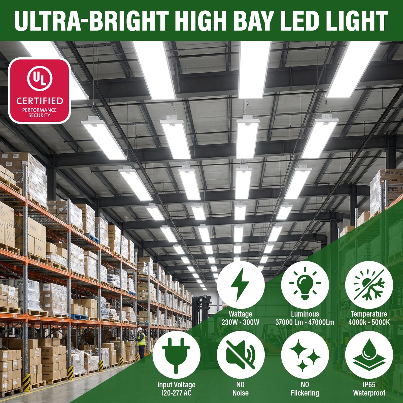 LAUCO LED Linear High Bay Light, 4FT 300/260/230w Selectable120-277V, Power