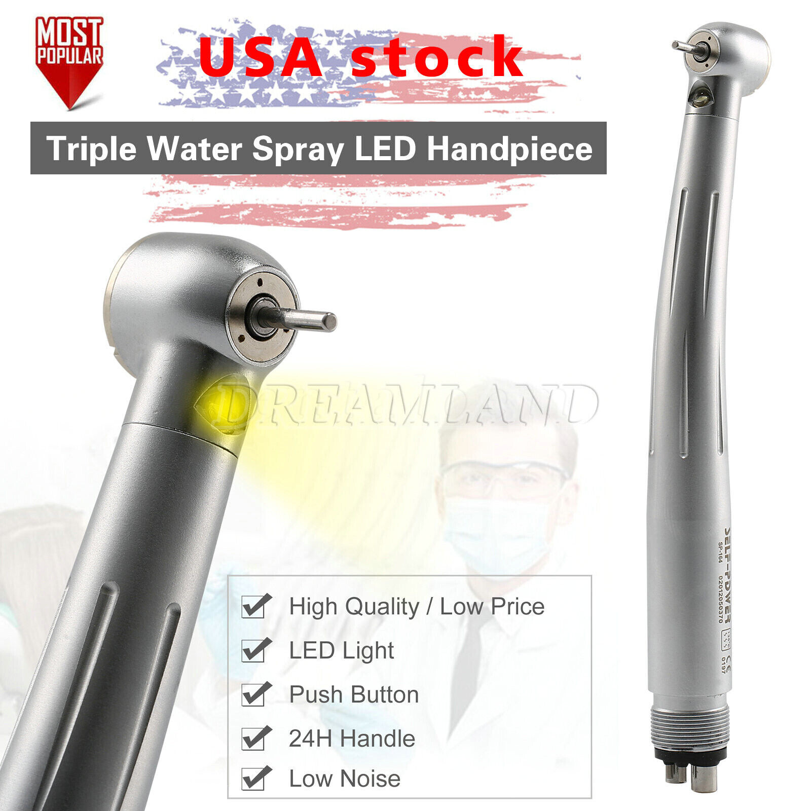 Dental 4 Hole LED E-generator Fiber Optic High Speed Handpiece Turbine PDM USA