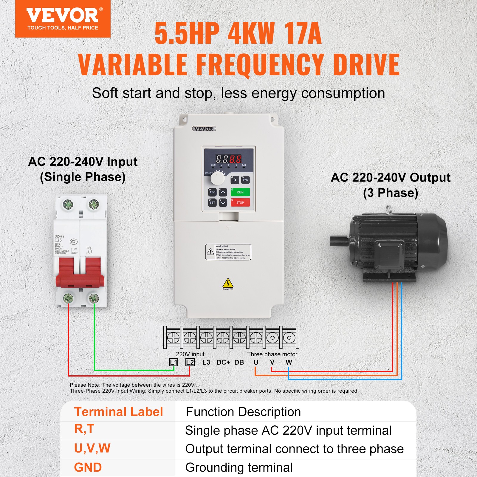 VEVOR 4KW 220V 5HP RS485 Variable Frequency Drive Converter VFD Inverter+Cable