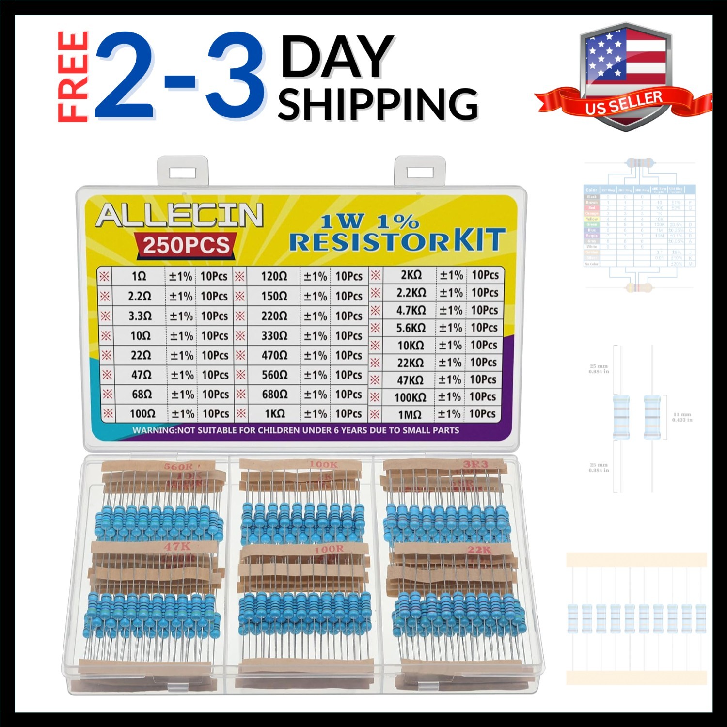 25 Values 1W Metal Film Resistor Kit from 1 Ohm to 1M Ohm 1 Watt 1% Resistors…
