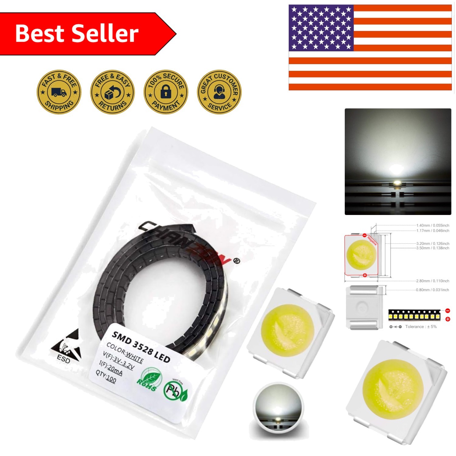 Versatile 100 pcs 3V White SMD LED Diode Chips for DIY Projects and Automotive