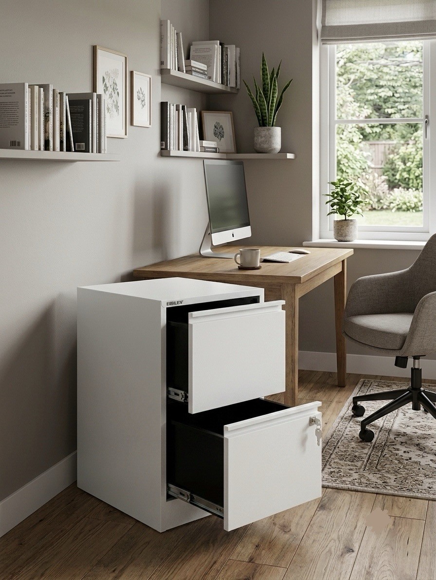 Bisley 2 Drawer Locking Metal Vertical File Cabinet – Powder Coated White – NEW