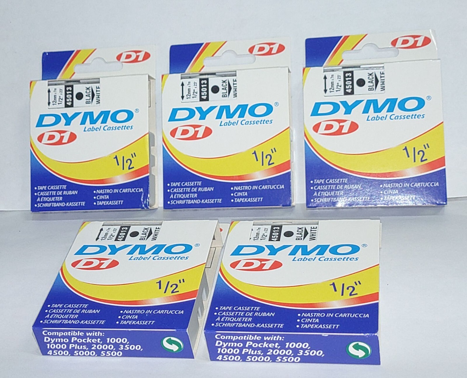 Lot of 5 Genuine Dymo D1 Black on White 1/2″ Label Tape Cassettes 45013