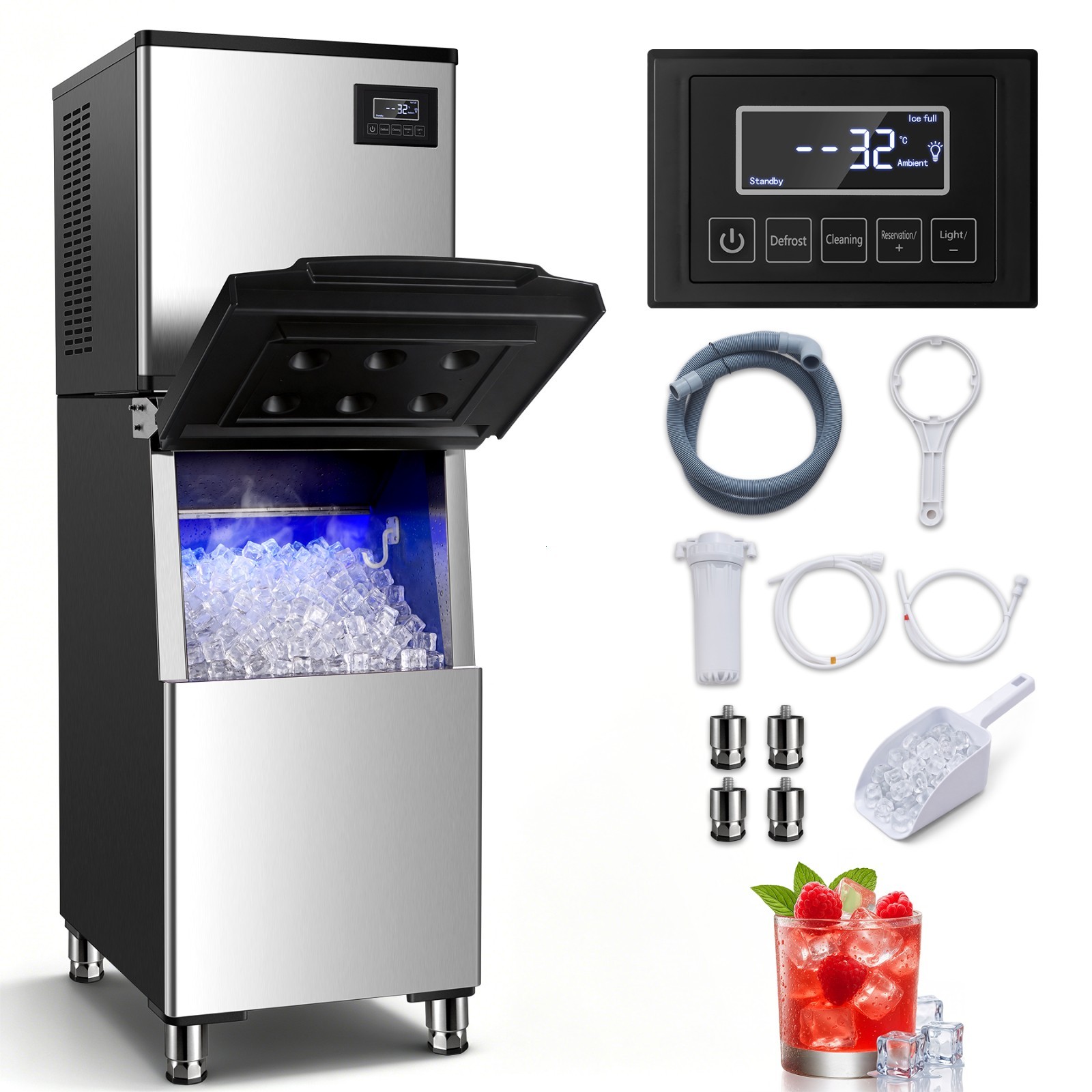 Zomagas Ice Maker 450lbs Daily 250lbs Storage Defrost Self Clean 156 Pcs Cycle