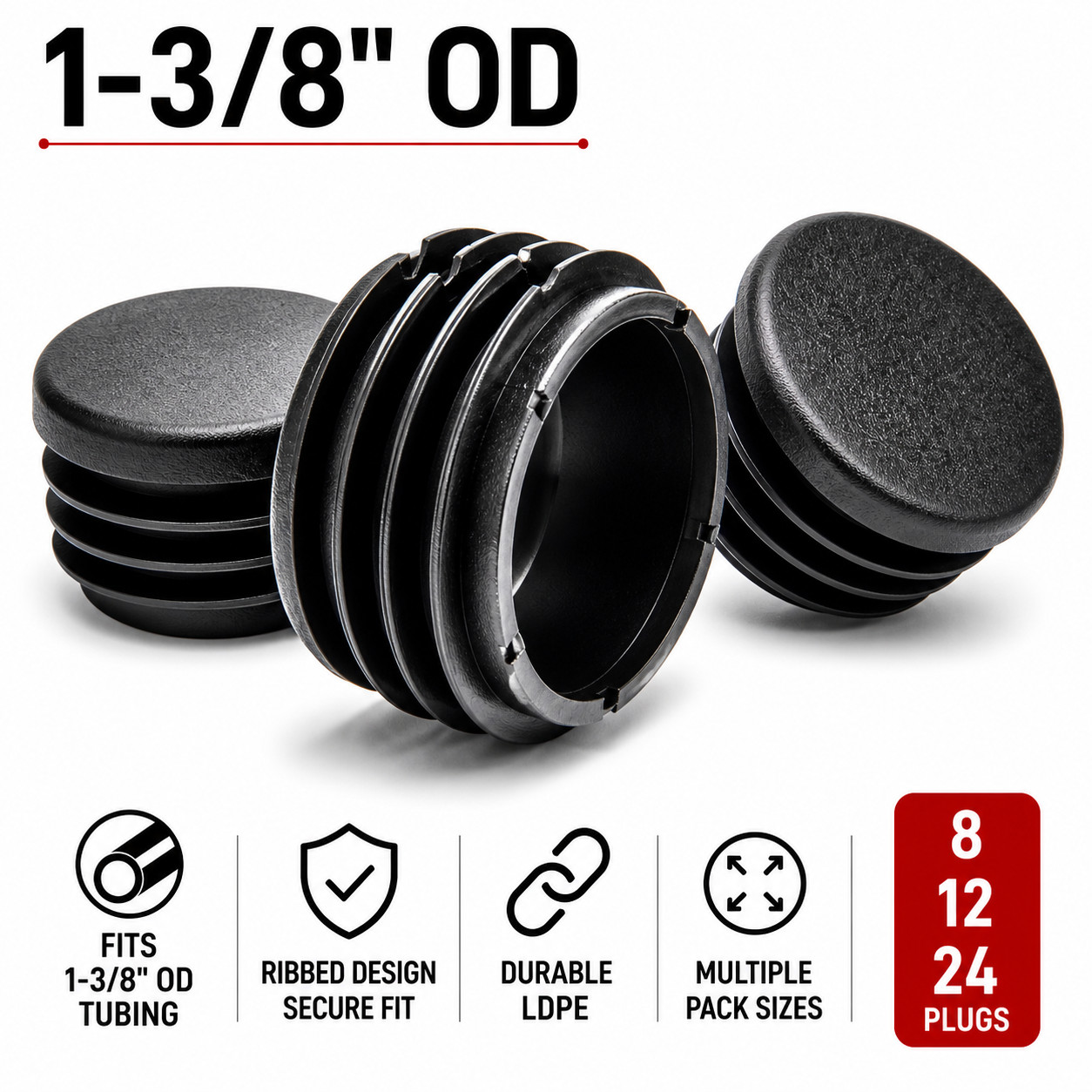 1-3/8″ OD Round Tube Plugs LDPE End Caps for Racks Carts Frames 12 Pack