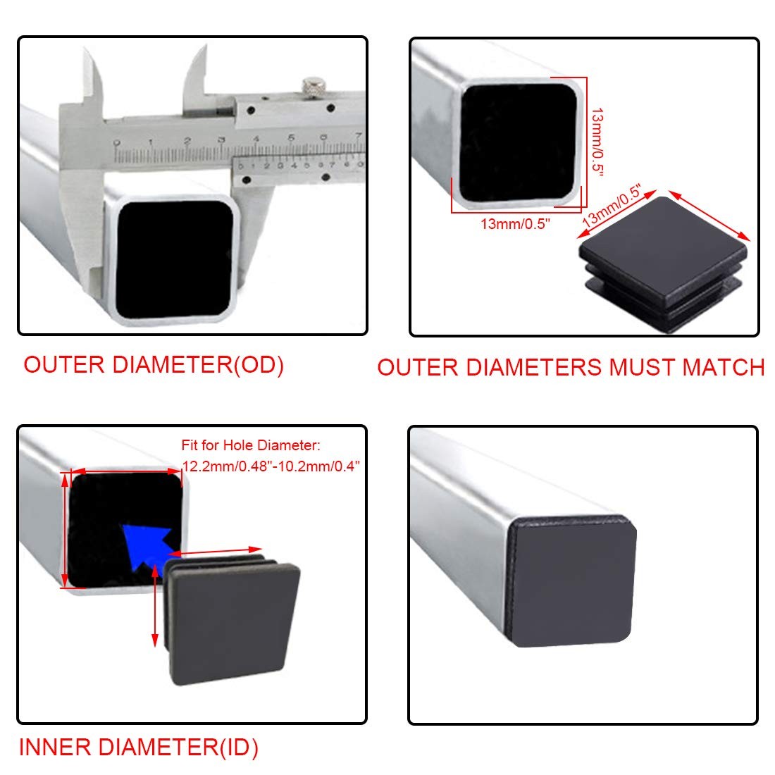 12Pack 13mm (1/2 Inch) Square Plastic Plug, Black