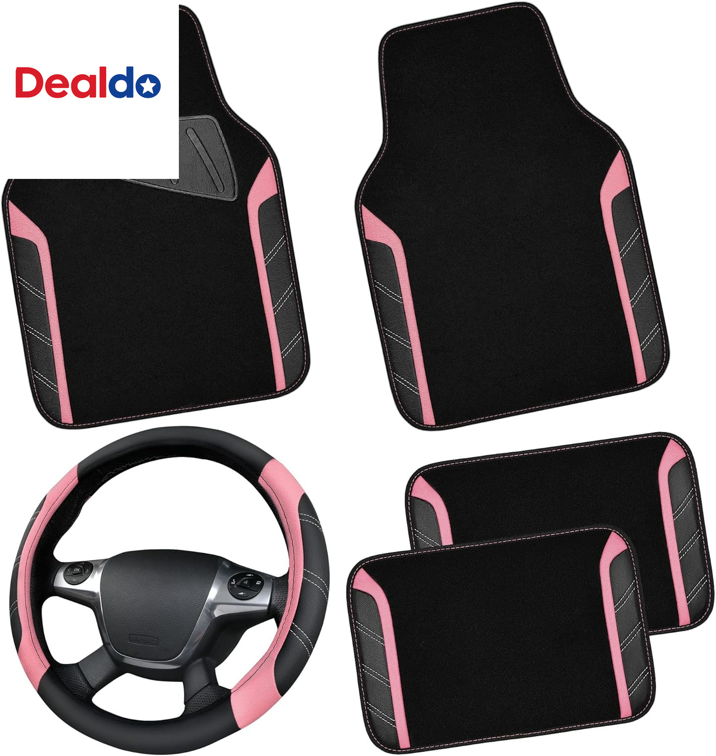 Microfiber Steering Wheel Cover and Waterproof Car Floor Mats,Leather Universal