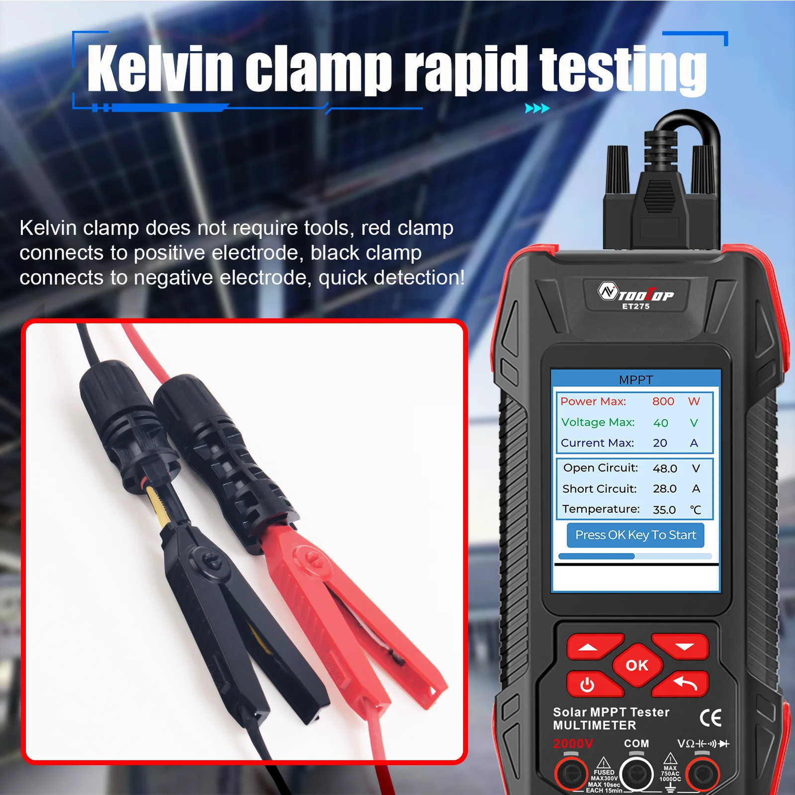 TOOLTOP 2000W Solar MPPT Power Tester Multimeter Pmax Voc Isc PV Meter