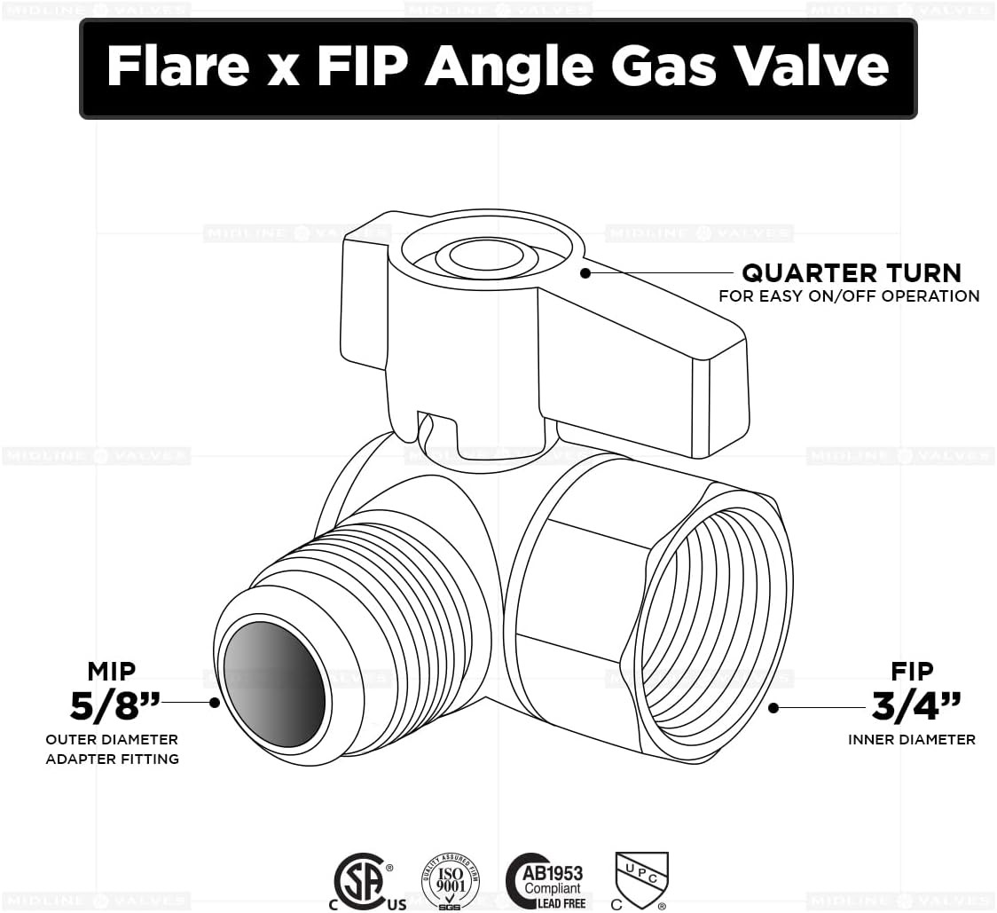 5/8 Inch Angle Gas Ball Valve, Brass, Flare x FIP Connections