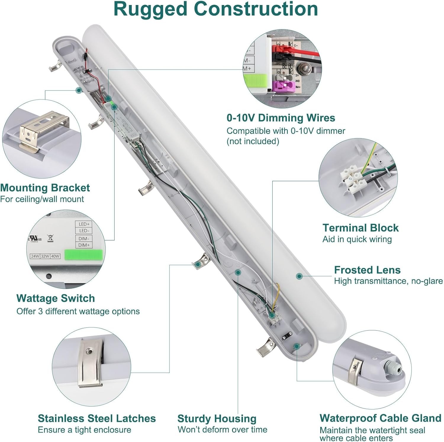 4FT Vapor Tight LED Fixture 40W/32W/24W 4800lm 5000K 0-10V Dimmable