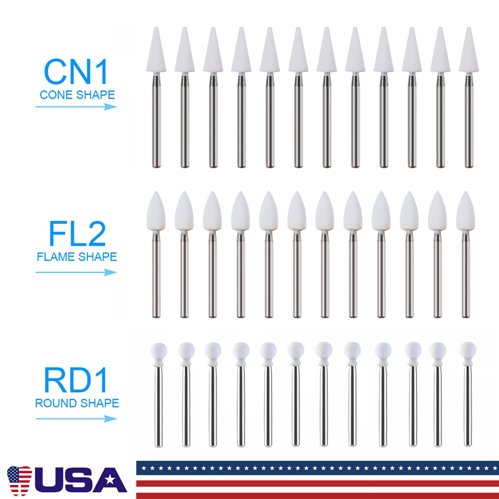 Dental White Stone High Speed Polishing Burs Cone/Flame/Round Aluminum Oxide