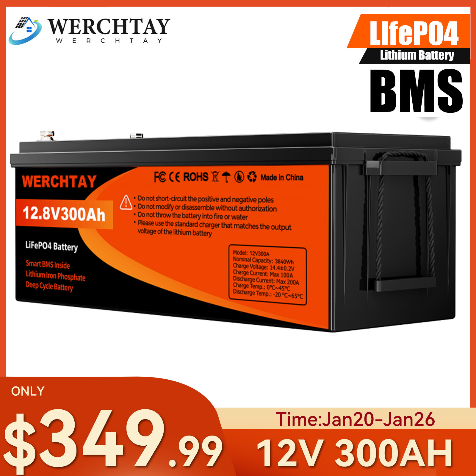 12V 300AH LiFePO4 Lithium Battery 15000+Cycles 200A BMS Solar Off-grid RV 3.8kwh