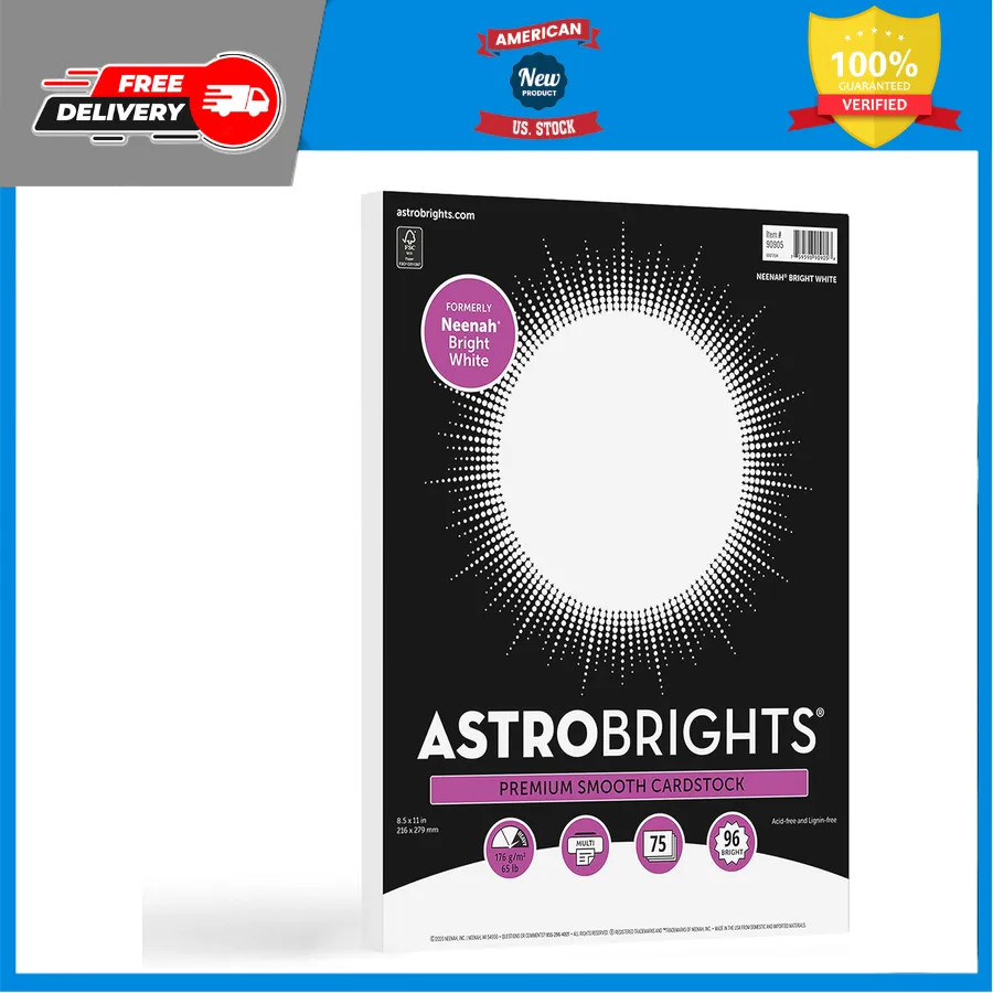 Astrobrights Bright White Cardstock 8.5 x 11 65lb 176gsm 75 Sheets 90905-02