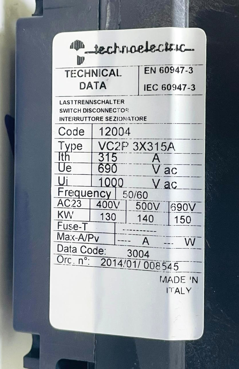 Technoelectric VC2P 3X315A Switch Disconnector 315A 3-Pole