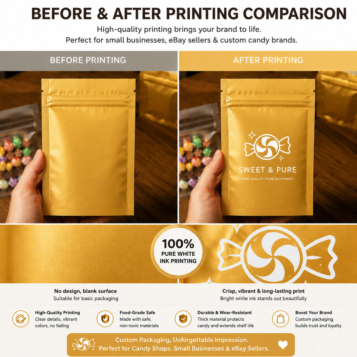 100 Custom Small Mylar Zipper Bags Sample Packaging for Jewelry & Candy Business