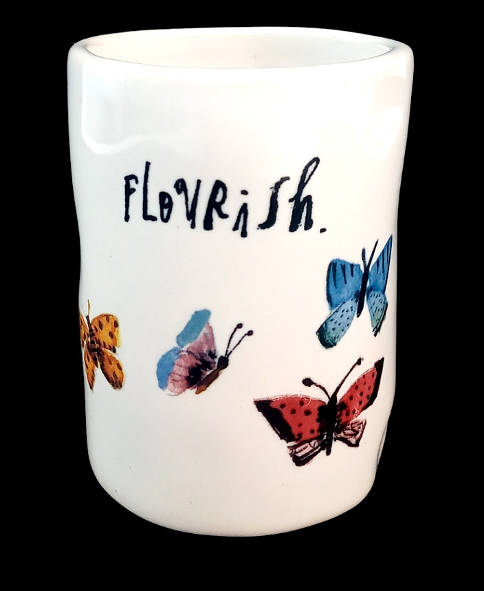 Rae Dunn Magenta Pencil Brush Holder Vase FLOURISH Butterflies Porcelain 4″X3″