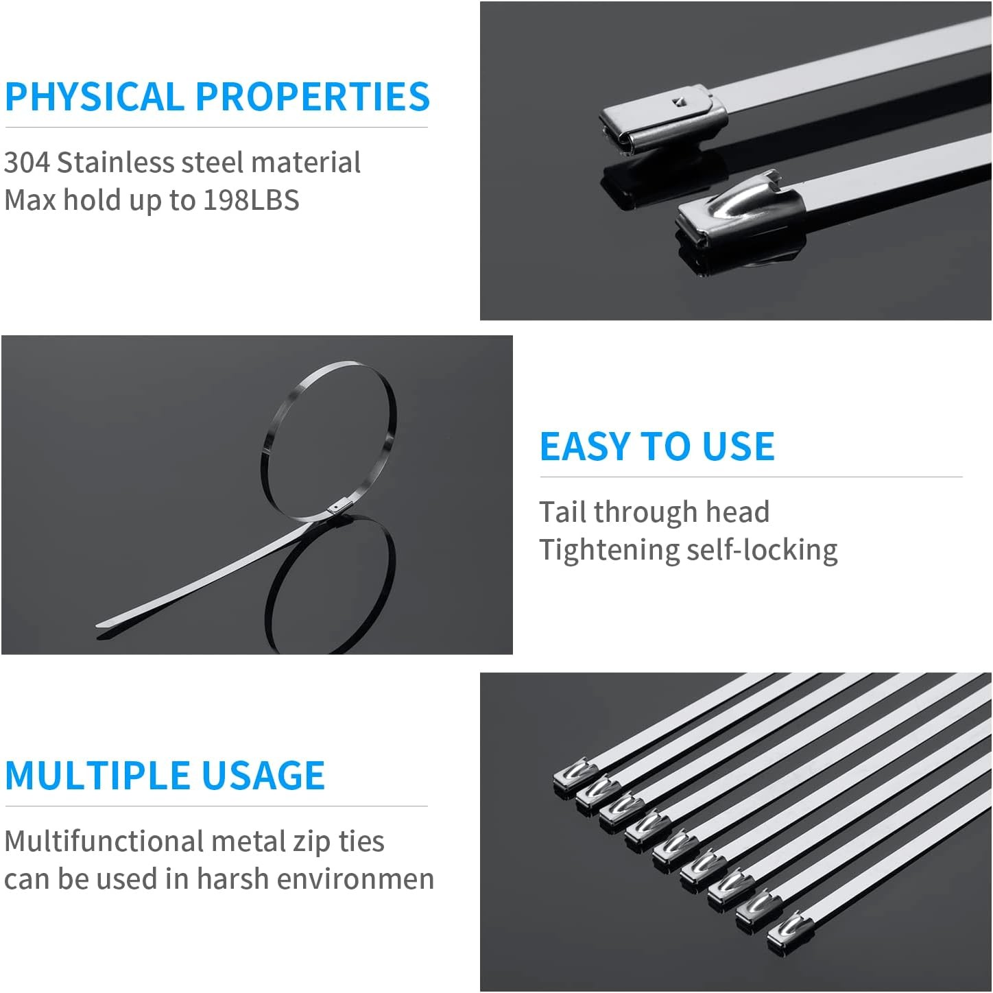 200 Pack 11.8 Inch 304 Stainless Steel Cable Ties Set Heavy Duty Metal Zip Ties