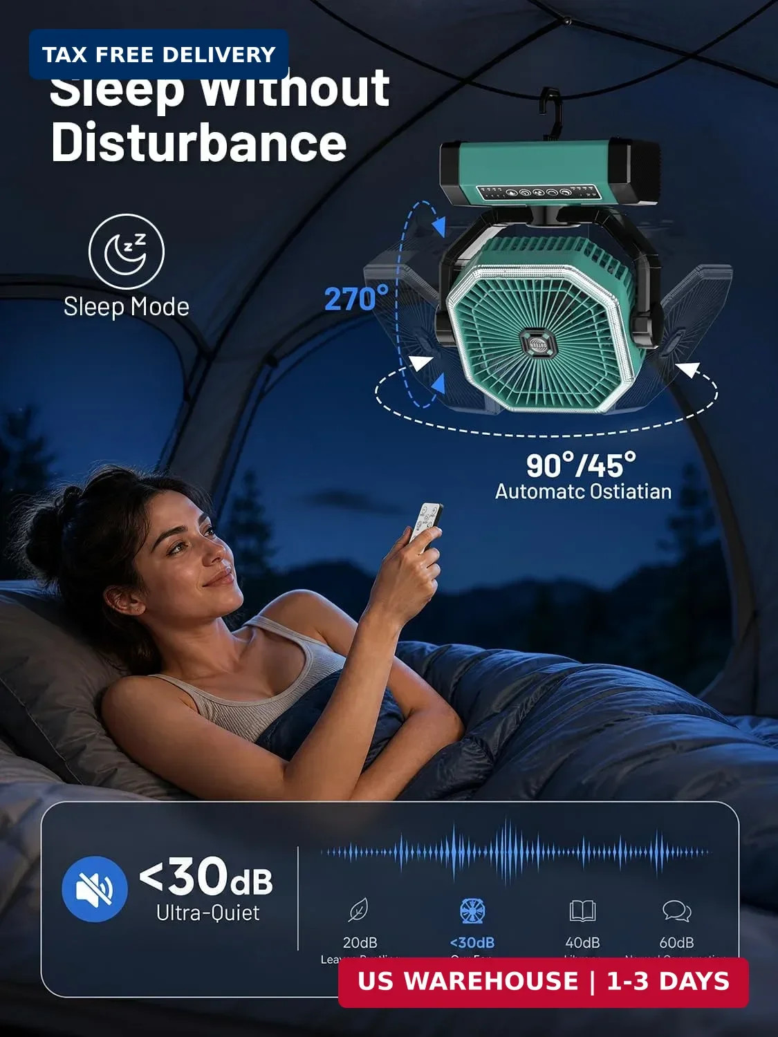 Portable Rechargeable Fan – 9-Inch Camping Fan for Tent, 24000mAh(60Hrs) Battery