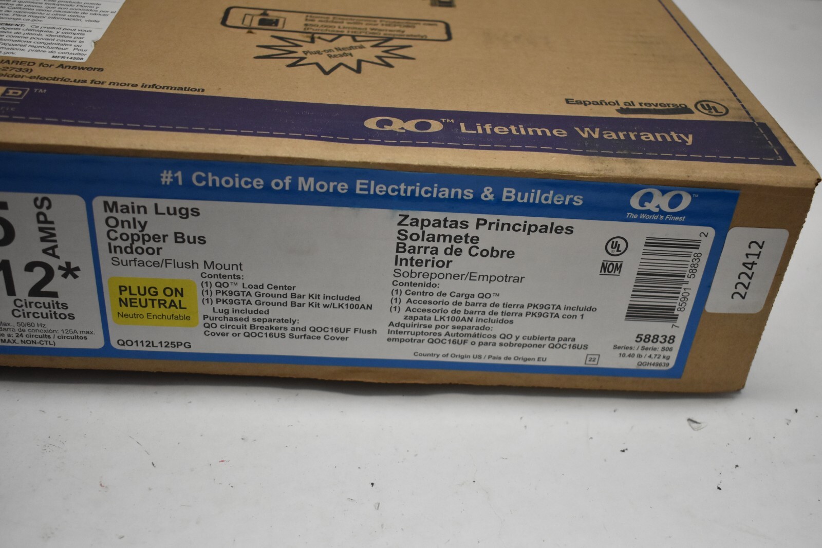 SQUARE D Main Lug Load Center 12 Spaces 125 A 120/240V AC QO Circuit Breaker