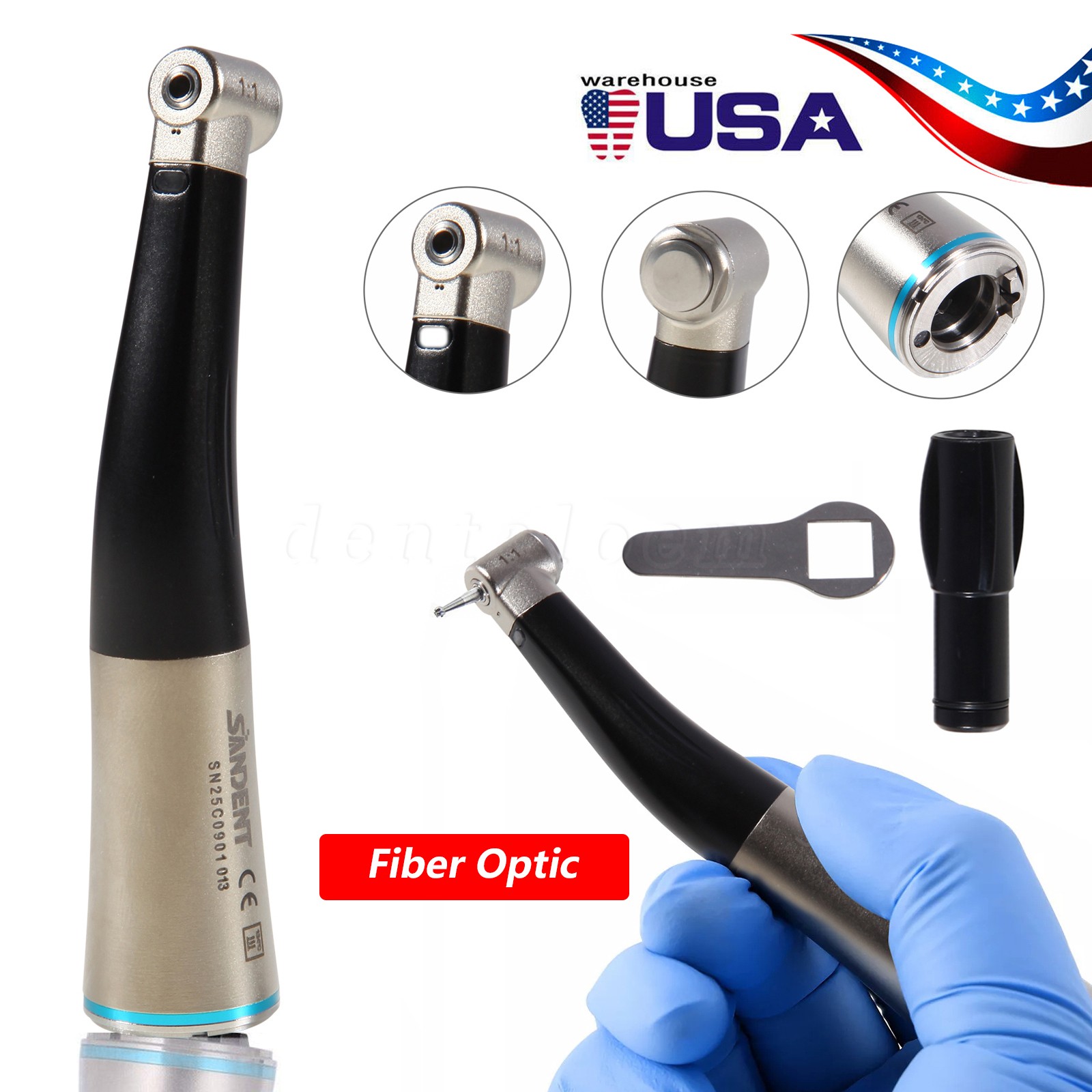 Dental Low Speed Handpiece Fiber Optic 1:1 Contra Angle Handpiece With LED Light