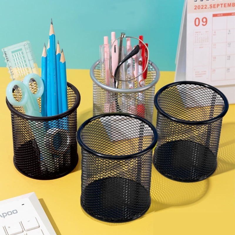 Metal Mesh Round Pen Pot Case Pencil Holder Durable Pencil Case Container Black