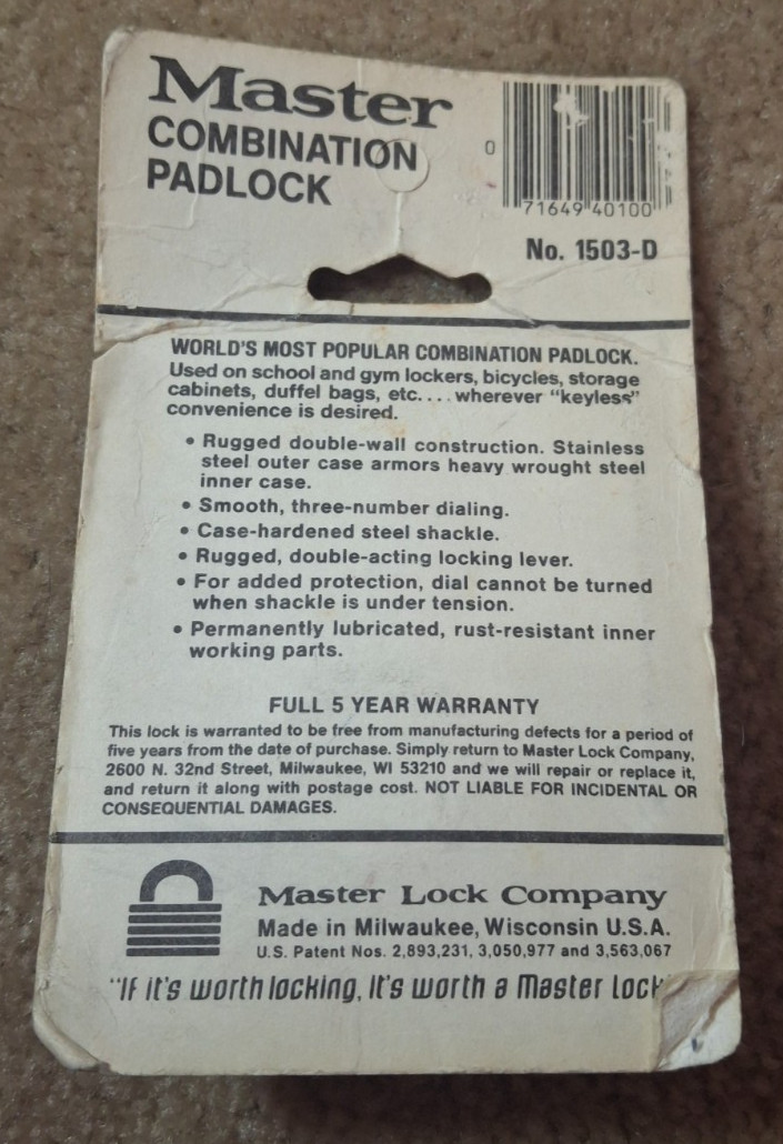 NOS MASTER LOCK COMBINATION PADLOCK No. 1503-D