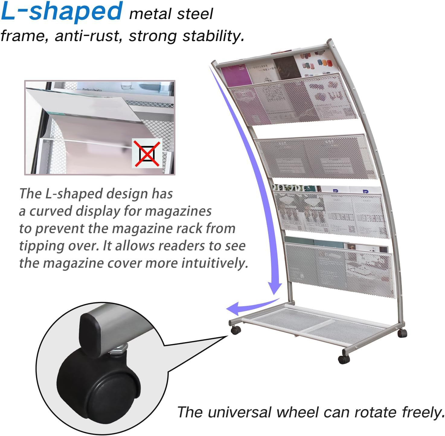 Magazine Rack Floor Standing,Brochure Display Stand, 4 Pockets Metal Literature