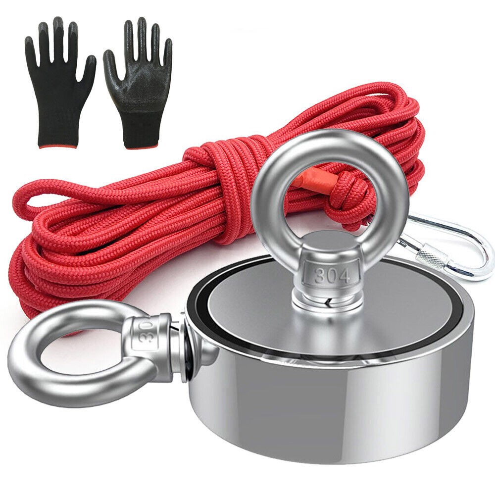 2000 LBS Strong Fishing Magnet Kit Double-Sided Pull Force and Rope Carabiner